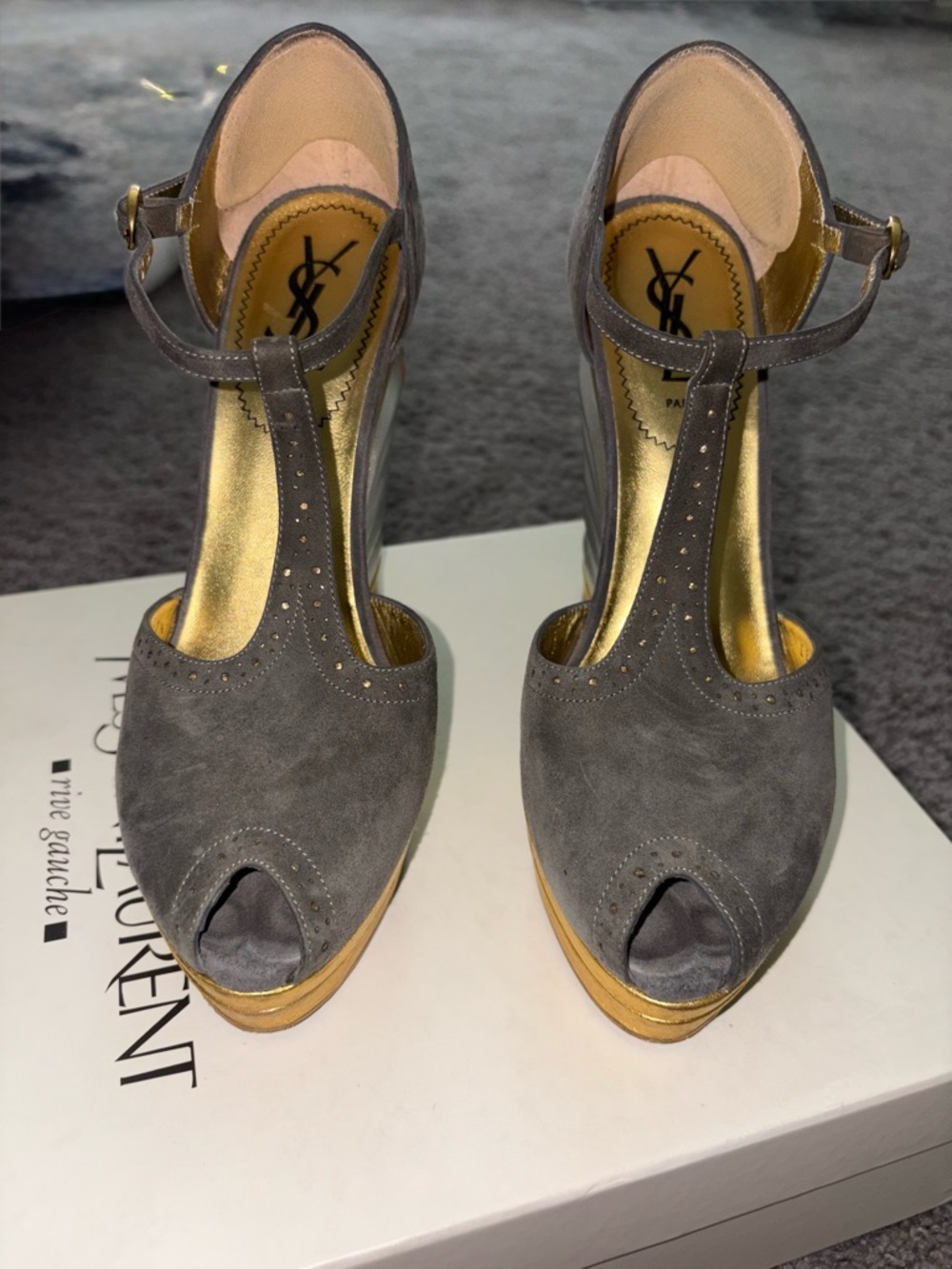 VINTAGE YVES SAINT LAURENT Robyn T-Strap Gray Suede Gold Silver Wedge Heel 37.5
